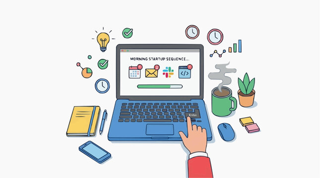 An illustrated desk setup, brimming with modern elements, is designed with a sleek laptop screen displaying progress bar. with a cup of coffee and plant for focused work.