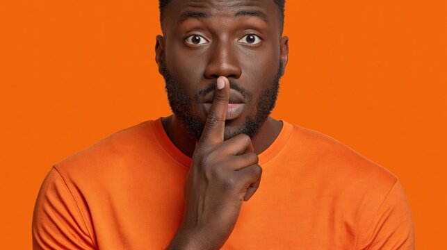 Surprised man making shh gesture with finger on lips, studio portrait on orange background with copy space for silence, secret or confidentiality concepts.