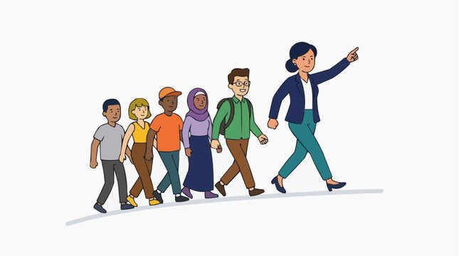 A leader guides a diverse group of people forward, illustrating concepts of mentorship, guidance, and community with an inclusive message. 