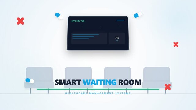 A futuristic smart waiting room interior with digital display and chairs
