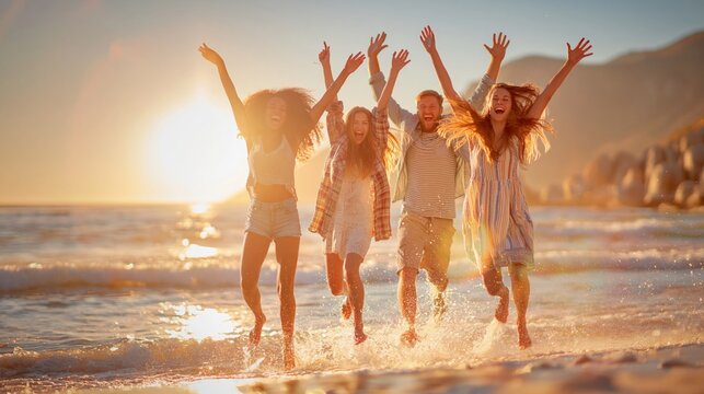 Happy friends jumping in ocean waves at sunset on a summer beach vacation, carefree young people enjoying freedom and fun together outdoors.