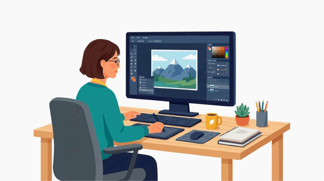 A diligent woman concentrates on photo editing, refining the essence of a beautiful landscape on the computer.