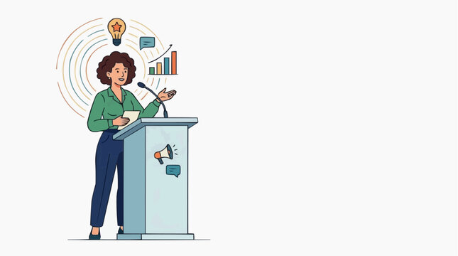 A dynamic illustration of a female speaker captivates an audience, delivering an insightful presentation, backed by elements symbolizing innovation and progress.