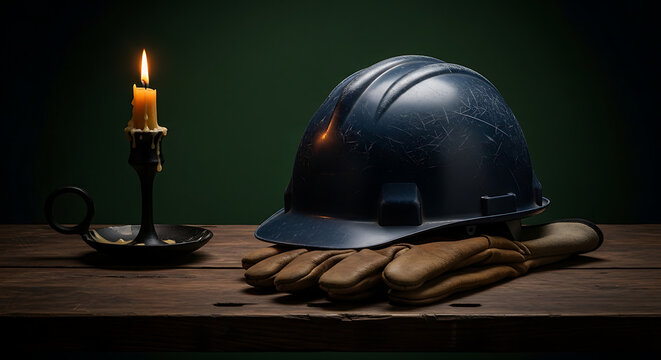 A dark, moody still life featuring a hard hat and work gloves illuminated by a single candle.
