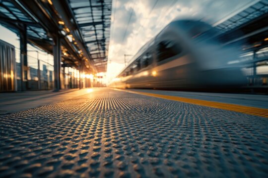 Motion blurred train speeding past a modern station platform at sunrise