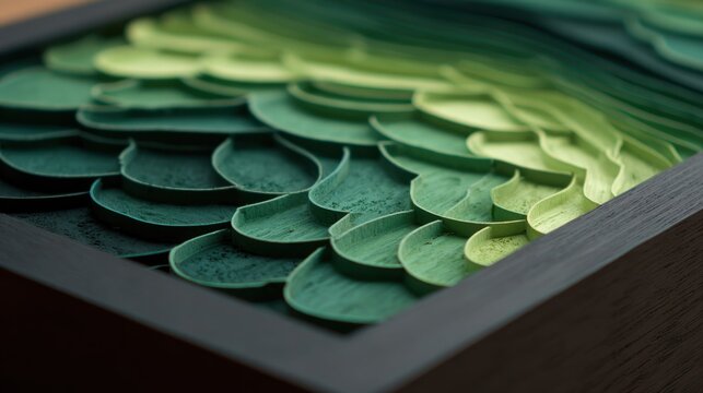 Layered paper artwork displays a textured gradient of natural green shades within a dark frame.