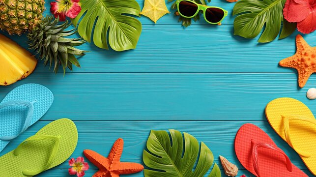 Summer beach flat lay with flip flops, tropical leaves, pineapple, starfish and sunglasses on blue wooden background with copy space for holiday design.