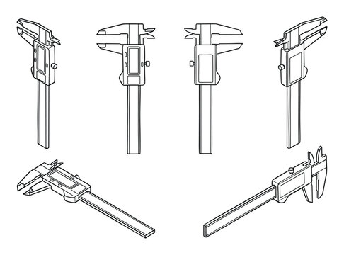 Vector black outline drawing of digital calipers presented in multiple measurement views