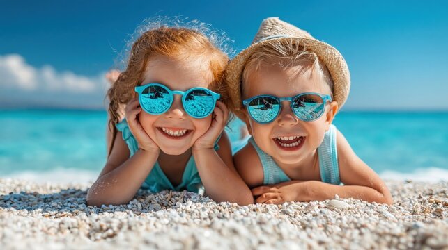 Happy kids in sunglasses lying on a sunny pebble beach by turquoise sea, smiling at camera with bright blue sky and summer vacation mood.