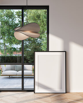 Modern Living Room Poster Frame Mockup with Natural Light and Minimalist Decoration. 3D render.