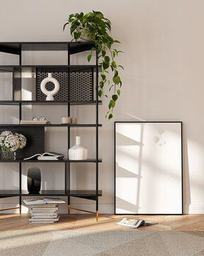 Modern Living Room Poster Frame Mockup with Natural Light and Minimalist Decoration. 3D render.