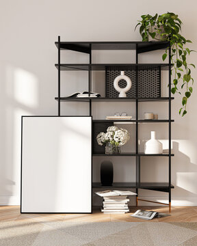 Modern Living Room Poster Frame Mockup with Natural Light and Minimalist Decoration. 3D render.