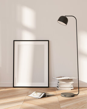 Modern Living Room Poster Frame Mockup with Natural Light and Minimalist Decoration. 3D render.