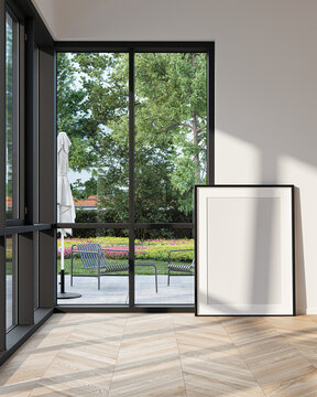 Modern Living Room Poster Frame Mockup with Natural Light and Minimalist Decoration. 3D render.