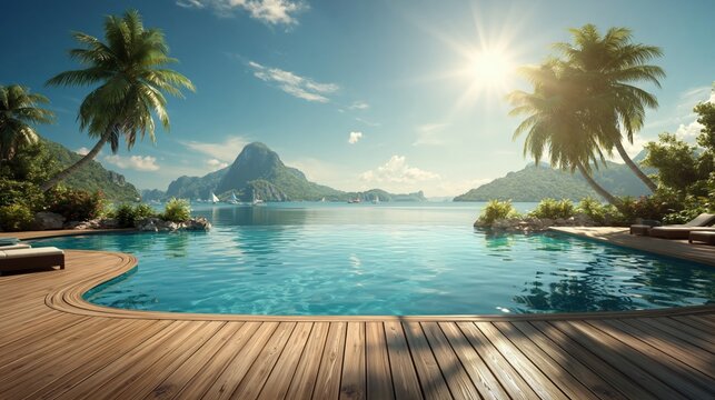 Tropical infinity pool with wooden deck overlooking calm sea and islands under bright sun, ideal summer vacation background with copy space for travel advertising.