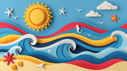 Obraz premium Colorful paper cut summer beach with sun waves sea shells and starfish on blue background ideal for holiday banner and travel advertising design.