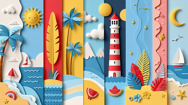 Colorful paper cut summer beach and sea landscape panels with lighthouse, palm trees, sun and moon, playful holiday background for banner or web design.
