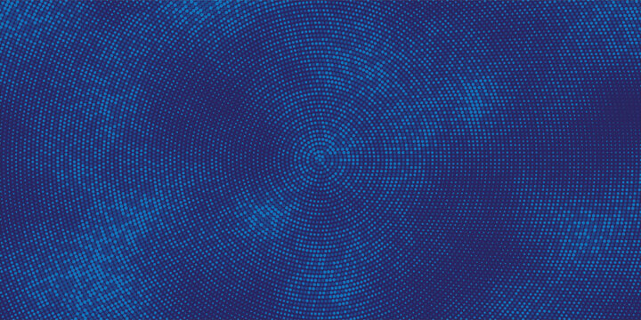 Abstract blue vortex background with hypnotic radial halftone dot pattern.