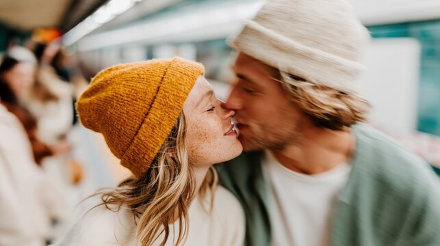 A loving couple shares a joyful kiss in a blurred subway setting, capturing the essence of youthful romance amidst the backdrop of urban life and movement.