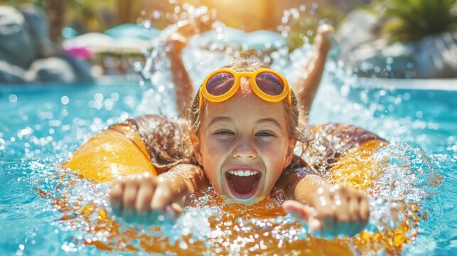 Happy child splashing in swimming pool on inflatable ring, close up summer fun and vacation concept with bright sunlight and water droplets.
