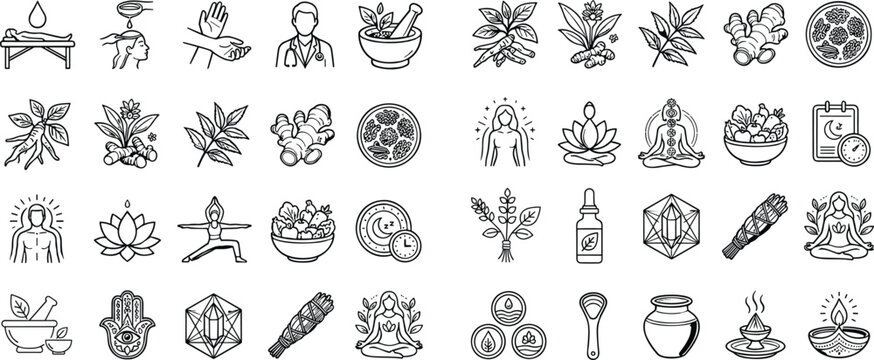 Comprehensive Ayurveda and herbal wellness line art icon set featuring unique vector symbols including traditional medicine, botanical herbs, holistic health, and spiritual healing practices style.