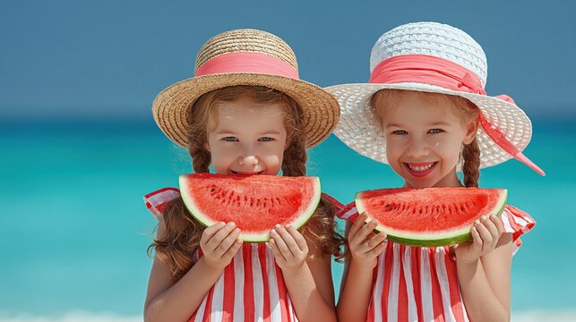Two happy little girls in summer hats eating watermelon on the beach, smiling at camera with turquoise sea background, fun vacation concept.