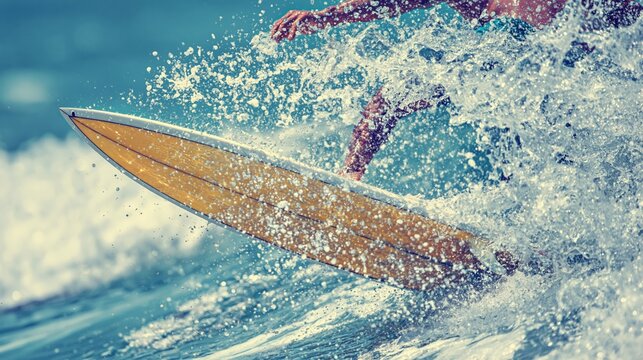 Close up action shot of surfer riding wave on yellow surfboard with ocean spray and dynamic water splash for summer sports advertising.