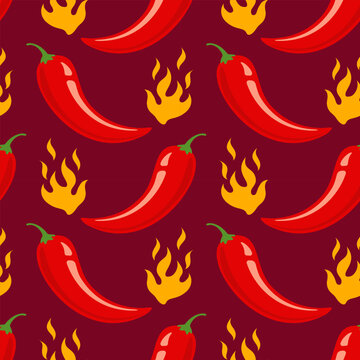 Vector seamless pattern of chilli pepper with fire. Vector pattern of  hot chili pepper for spicy sauce.