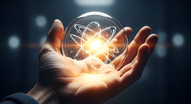 Futuristic glowing atom model in human hand, scientific nuclear energy concept, glowing glass sphere with atomic particles, quantum physics research