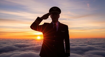 Fototapeta premium Commercial Airline Pilot in Uniform Saluting above the Clouds at Sunrise