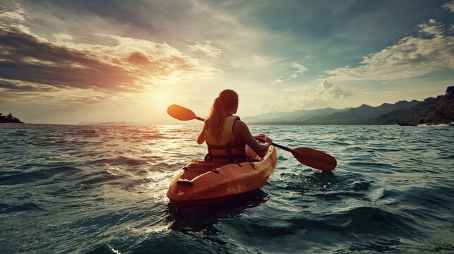 Woman kayaking on open water at sunset with scenic mountains and dramatic sky, viewed from behind, adventure and travel lifestyle concept.
