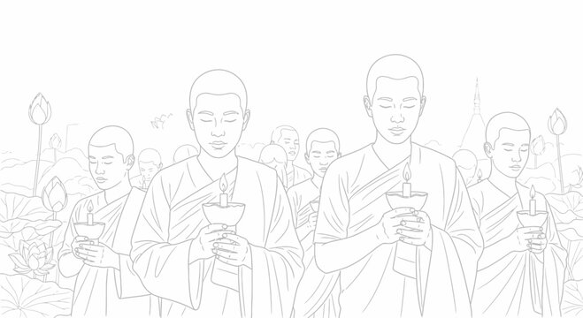 Buddhist monks in prayer together.
