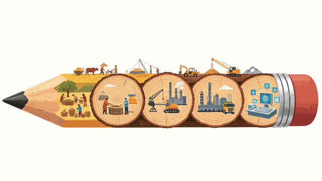 From Traditional Agriculture to Digital Industry: A Creative Pencil-Shape Illustration Showing Human Development Progress Through Tree Rings Depicting Different Eras of Productivity