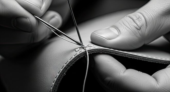 Close-up of artisan hands sewing leather with needle and thread in black and white