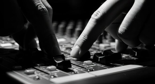 Sound Engineer Adjusting Faders on a Professional Audio Mixing Console in Recording Studio, Black and White Close-up