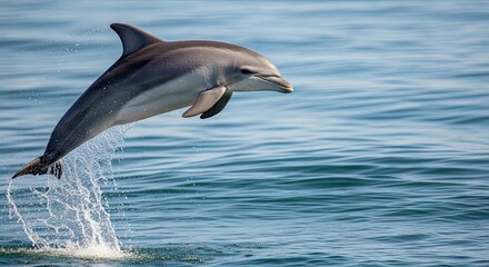 Fototapeta premium Common bottlenose dolphin leaping high out of the blue ocean water with a splash