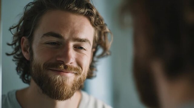 Young bearded man smiling while looking at his reflection in a bathroom mirror for self-care and confidence concept with natural morning light