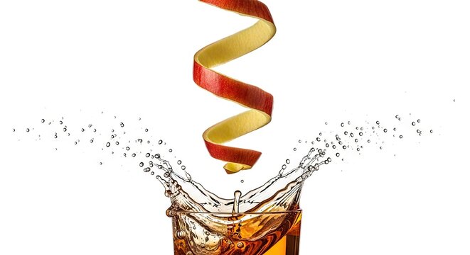 Dynamic splash of apple juice or cider in a glass with a falling red apple peel spiral isolated on white background