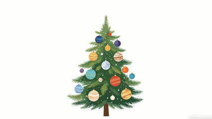 Fototapeta premium Watercolor Illustration of a Christmas Tree Decorated With Planet-Themed Baubles, Whimsical Space-Inspired Holiday Art on a Clean Plain White Background