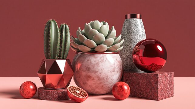 Modern still life of cactus, succulent and geometric decor objects in red tones on pastel background, minimal design with copy space for branding or advertising.