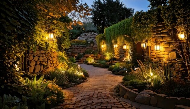 Enchanting Garden Pathway Illuminated by Warm Evening Lights.