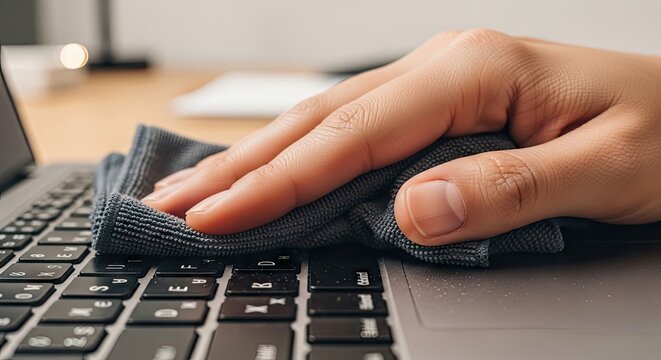 Close-up of a hand cleaning a laptop keyboard and trackpad with a microfiber cloth for hygiene and maintenance