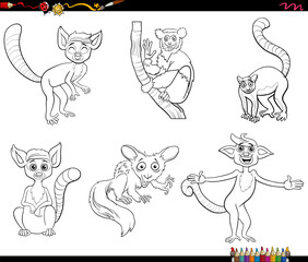 Obraz premium cartoon lemurs wild animals comic characters set coloring page