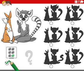 shadow puzzle acyivity with cartoon rabbit and lemur animal characters © Igor Zakowski