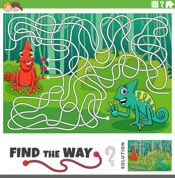 maze activity game with two cartoon chameleons animal characters