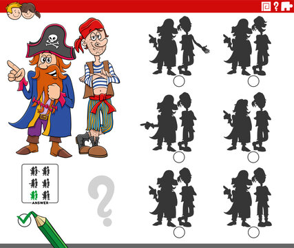 shadow puzzle activity with happy cartoon pirates characters