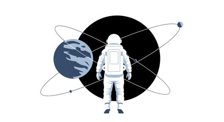 Astronaut stands before a black hole and planet. © ulinadobe