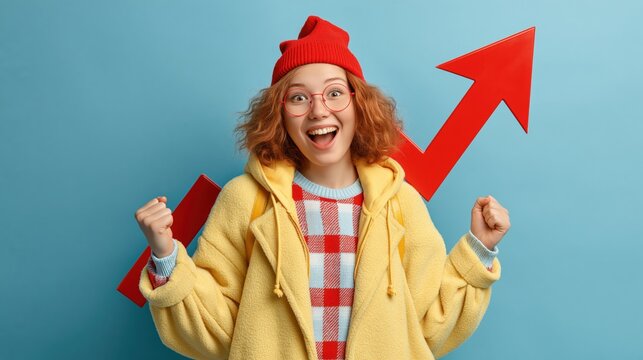Excited young woman celebrating success with red growth arrow on blue background, concept of business achievement and positive results.