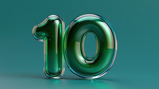 Glossy green number 10 in 3D on teal background, modern numeric design with copy space for celebration, anniversary, rating or countdown concepts.