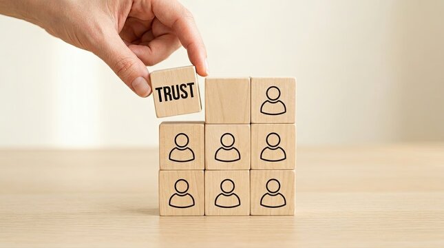 Hand placing a trust block on a stack of wooden blocks with person icons